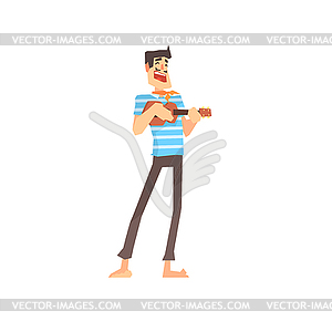 Young comic man playing ukulele cartoon - vector clipart