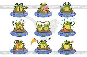 Frogs Sitting On Stone Character Set - vector image