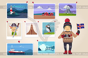 Iceland Photographer Surrounded With Photos - vector image