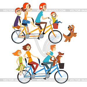 Two happy families riding on tandem bicycles with - color vector clipart