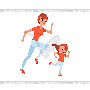 Mother and her little daughter on morning jogging. - royalty-free vector clipart