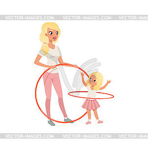 Sporty mother and her cute daughter with - vector clipart