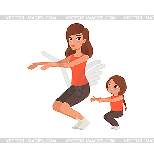 Little girl with her mother doing sit-ups. Morning - vector image