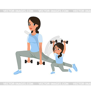 Mother and daughter doing morning exercises with - vector clipart