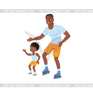 Young afro-american father with son rollerskating. - vector clip art