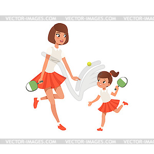 Cheerful mom and her daughter playing ping pong. - vector clipart