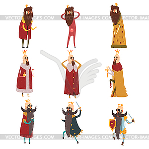 Set of different funny bearded kings in different - vector clip art
