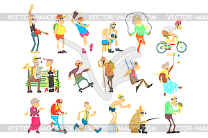 Old People Activities, Flat Set - vector clipart