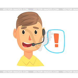 Male call center worker and speech bubble with - vector clipart