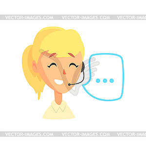 Female call center agent and speech bubble, online - vector image
