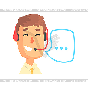 Male call center agent and speech bubble, online - vector clipart