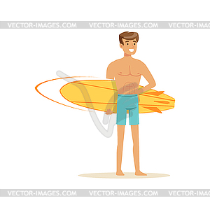 Smiling man standing on beach with yellow surfboard - royalty-free vector clipart