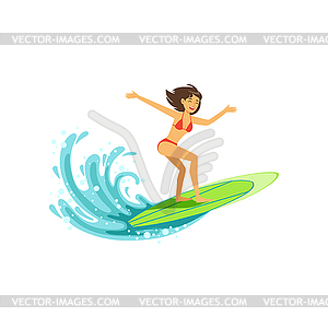 Cheerful female surfer riding big wave, water - vector clip art