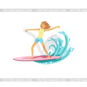 Happy surf girl with surfboard riding wave, water - vector clipart