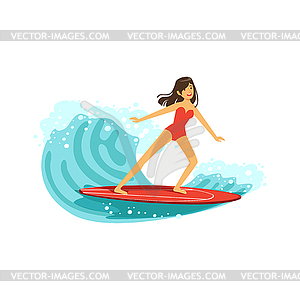 Красивая брюнетка девушка в красный купальник, серфинг на - векторный клипарт EPS