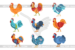 Rooster Similar Drawings Set Colored In Different - vector clip art