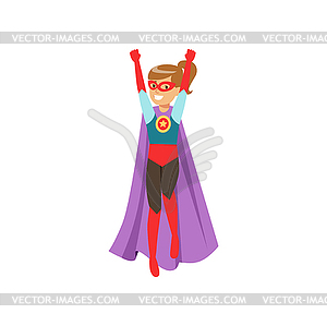 Cute girl character dressed as super hero standing - vector image