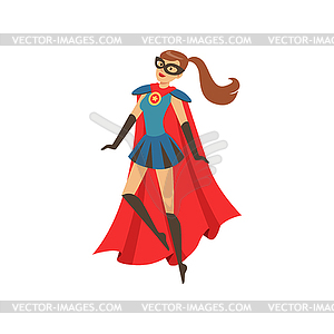 Young superhero woman character in blue costume wit - vector image