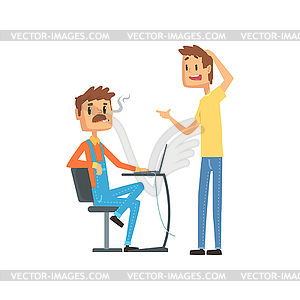 Computer technician helping office worker, - vector clipart