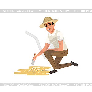 Man sitting on one knee and sweeping dirt of - vector image