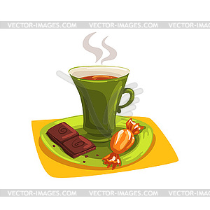 Cartoon cup of hot tea on saucer with candy and - vector image