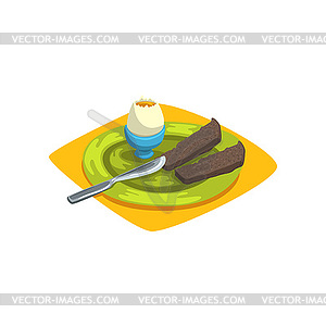 Fresh egg standing on blue egg-cup and two pieces o - vector image