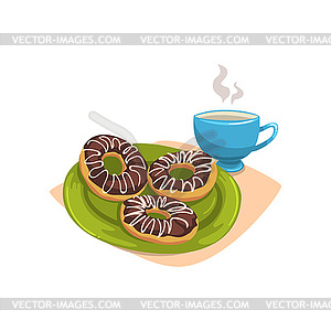 Doughnut with chocolate glaze on green plate and cu - vector clip art