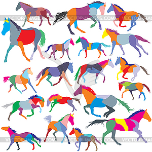 Set of colorful trotting and galloping horses - color vector clipart
