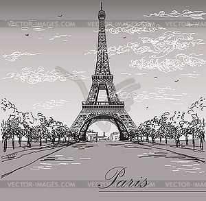 Landscape with Eiffel tower in black and white - vector clip art