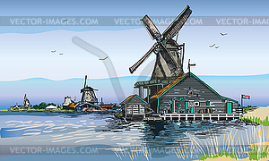 Colored watermill in Amsterdam - vector image