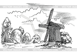 Landscape with windmill - vector clipart