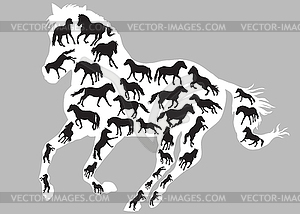 Horses silhouettes inside one horse - vector image
