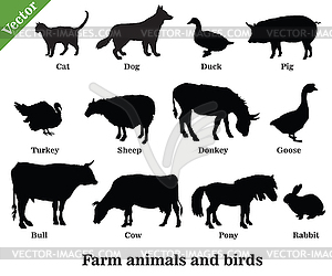 Farm animals and birds silhouettes - vector image