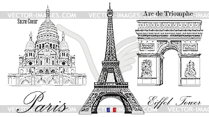 Eiffel Tower, Triumphal Arch and Sacre Coeur - vector image