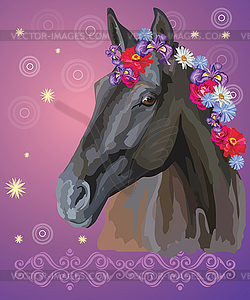 Horse portrait with flowers - vector image