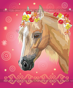 Horse portrait with flowers - vector clipart