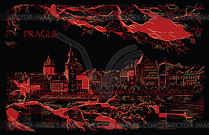 Red hand drawing Prague - vector image