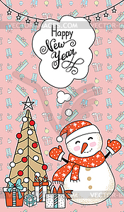 Greeting card, Christmas card with snowman, - vector clip art