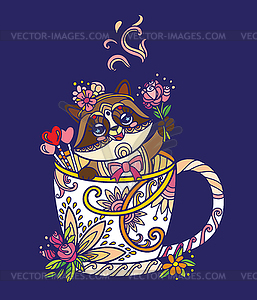 Colorful kawaii cute racoon in cup - vector image