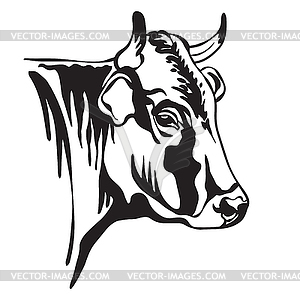 Black contour portrait of horned bull - vector clip art