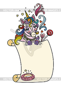 Cute kawaii unicorn with blank sign template - vector clipart