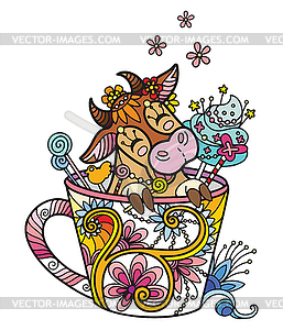 Colored kawaii cute cow in cup - royalty-free vector clipart