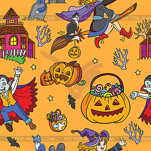 Orange seamless pattern with cartoon Halloween - vector image