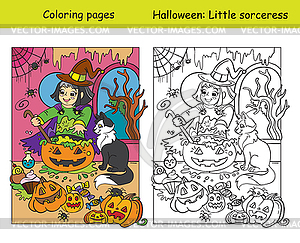 Coloring with colored example witch with cat - vector image