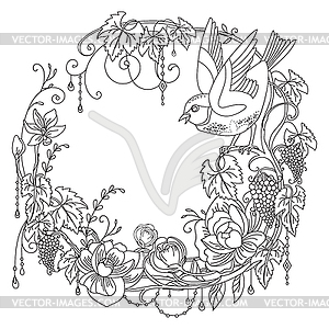 Coloring flowers and birds - vector clipart