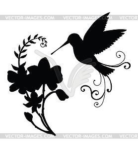 Black silhouette humming and flower composition - vector image