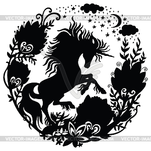 Black silhouette of standing unicorn - vector clip art