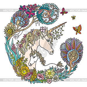 Colorful unicorn with foal and flowers - vector image