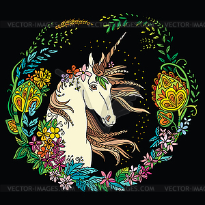 Colorful magic unicorn on black - royalty-free vector clipart