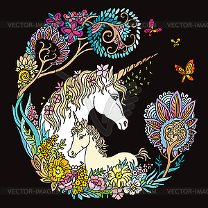 Colorful unicorn and foal on black - vector clipart